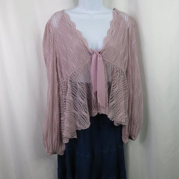 Free People Pink Lace Top Size Medium Peasant Crop Ribbon Tie Sheer Empire LS - Picture 1 of 13